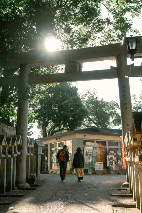 Two people walking beneath a stone torii as sunlight breaks through the trees