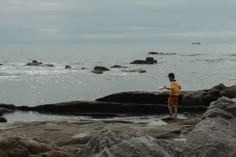 A child standing among dark shoreline rocks beside a silver sea